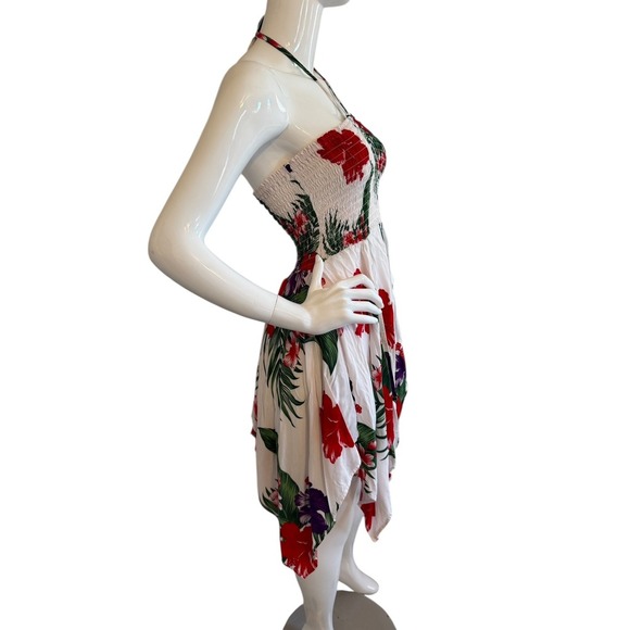 Aloha Fashion Hawaiian Smocked Halter Pixie Dress One Size White Red Floral - Picture 11 of 13